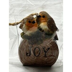 Ganz Christmas ornament features a pair of standing robin birds on a joy stand